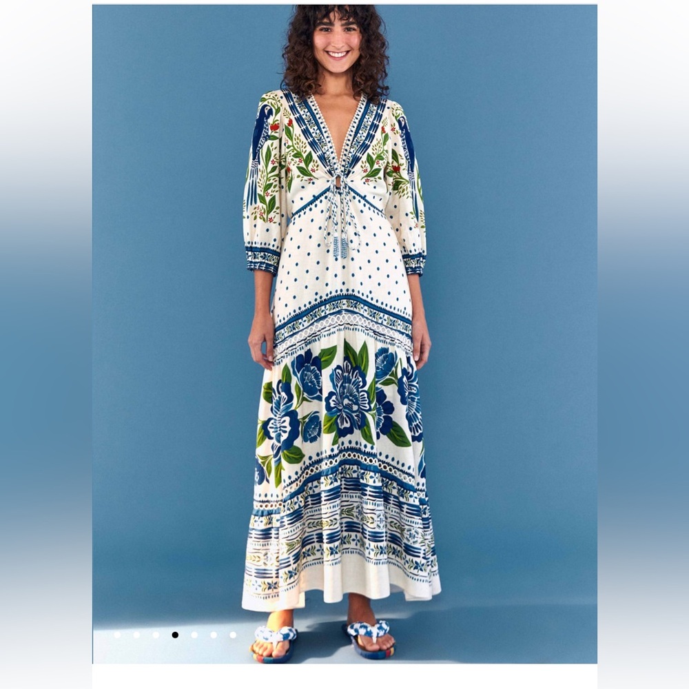 FARM Rio Blue Ruffled Tiered Maxi Dress with V-Neck